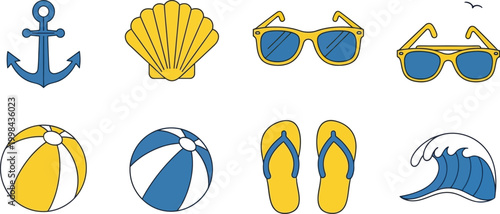 Colorful summer vacation icons a collection of beach and nautical elements for leisurely coastal activities
