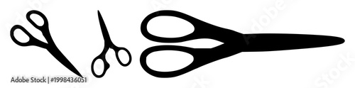 Scissors set with black silhouette against white background featuring cutting tools, office stationery, kitchen utensils with line art and minimalist design