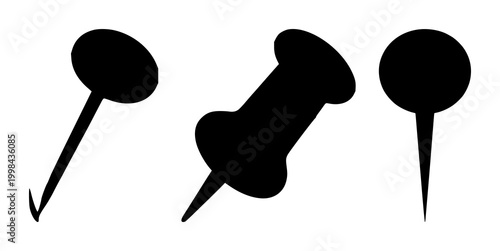 Black silhouette, white background: push pin set with simple line art design featuring line art, illustrations, graphic resources with vector and design elements