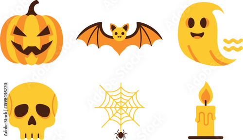 Festive halloween icons collection jack o' lantern bat ghost skull spiderweb and candle for spooky celebrations