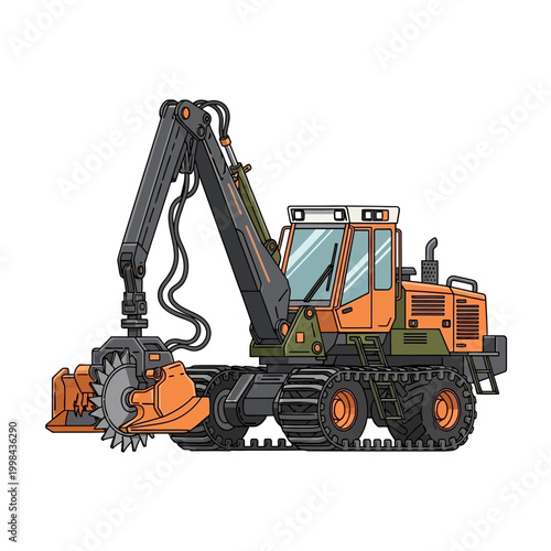 Heavy Duty Logging Machine with Saw Attachment, Forestry Equipment Illustration