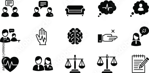 Black silhouette icons representing psychology law and human interaction