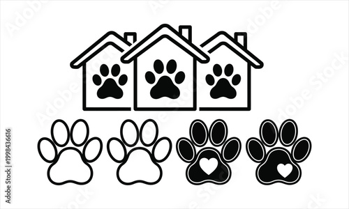 Black silhouette of houses and paw prints pet home icon