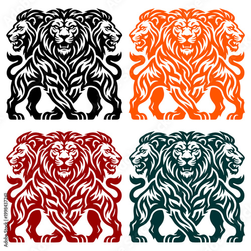 Set of four powerful three headed lion mascot designs in various colors ideal for esports gaming logos heraldic emblems apparel prints and branding projects