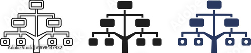 Professional organizational chart icons, hierarchical structure symbols, company tree diagram elements, business management flow chart set, website sitemap icons for digital projects