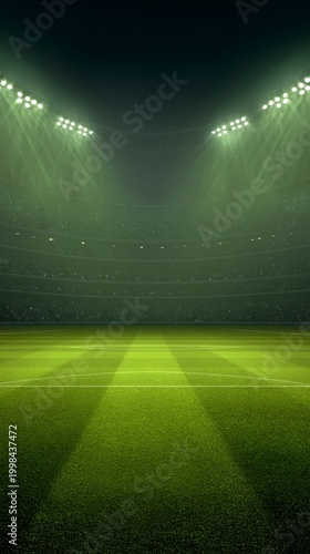Bright spotlights shine down on a vibrant green grass football field at night
