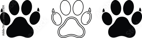 Black and white animal paw print icons with claws for dog cat tiger lion or bear tracks isolated on whiteBlack and white animal paw print icons with claws for dog cat tiger lion or bear 
