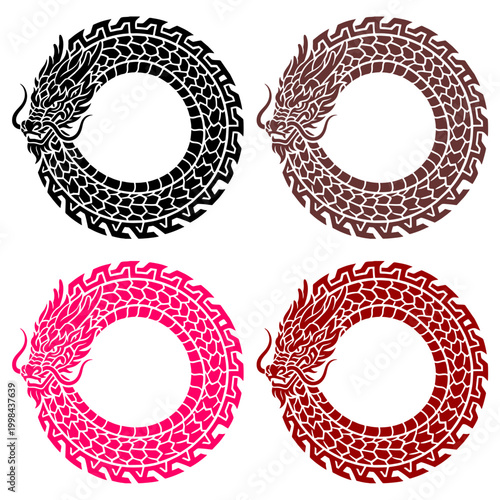 A set of four colorful circular dragon designs perfect for tattoos logos and graphic prints featuring traditional asian mythical motifs