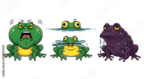 Green and Purple Frog Characters with Different Expressions, Set of Toads Showing Anger, Hunger, Curiosity and Feeling Sick Vector Illustration
