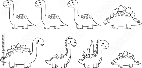 Set of cute dinosaur line art illustrations, brontosaurus and stegosaurus coloring book pages, prehistoric animal sketches, cartoon dino characters for kids