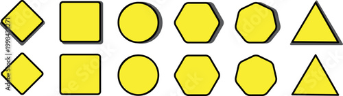 A glossy 3d vector icon set featuring a yellow exclamation mark warning sign and symbol label on a circular web button design element
