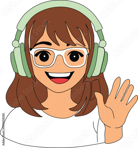 Cute Girl Wearing Green Headphones Waving Cartoon Avatar
