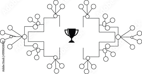 Tournament bracket diagram with trophy icon, sports competition hierarchy chart, championship play-off structure, gaming contest layout, business challenge progress visualization, winning path