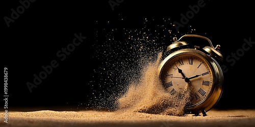 Fotografie Alarm clock dissolving into sand against a dark background symbolizing the passage of time