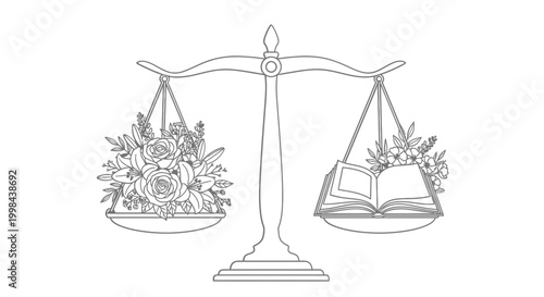 A delicate line drawing of a balance scale with flowers and book