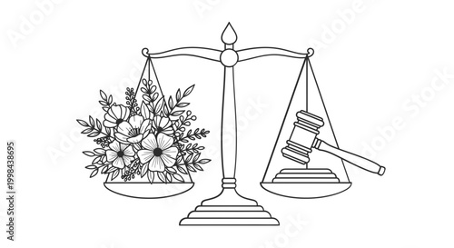 A black and white line drawing of a scale with flowers and a gavel
