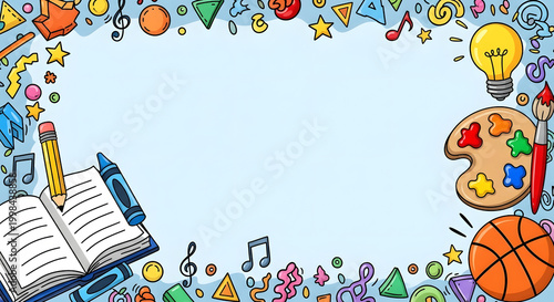 A playful border frame filled with colorful school supplies and icons represents education, creativity, and learning.