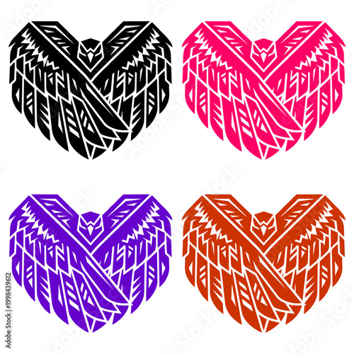 Premium collection of geometric bird logos in a heart shape featuring stylized eagle wings in black pink purple and orange colors for branding and graphic design projects
