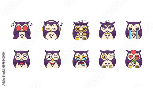 Cute Owl Emotions and Expressions Icons Set Isolated on White Background, Moody Bird Emojis for Chat, Crying, Angry, In Love and Sleeping Symbols