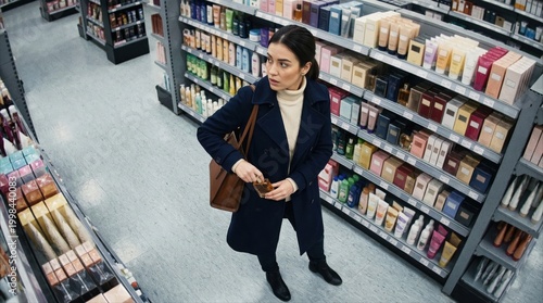 Adult woman discreetly taking items from a store shelf while avoiding attention. Hidden action and tension. Concept of theft and risk. Top view