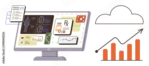 Healthcare analysis, digital transformation, cloud computing, patient data, medical advancements, disease management. Monitor displaying medical data, cloud and bar graph. Healthcare analysis
