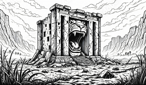 Black and white coloring book page, A lion trapped in an old temple,  pretending to roar in a fog shrouded ruin field,