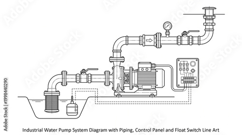 Cuadro en lienzo Industrial Water Pump System Diagram with Piping, Control Panel and Float Switch