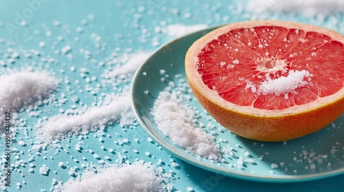 A vibrant half grapefruit generously sprinkled with coarse white salt rests on a teal plate, emphasizing refreshing flavor.