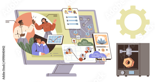 Remote teamwork, creative innovation, 3D design, tech solutions, digital workflow, connectivity. Computer with team discussing ideas. Remote teamwork and creative innovation concept