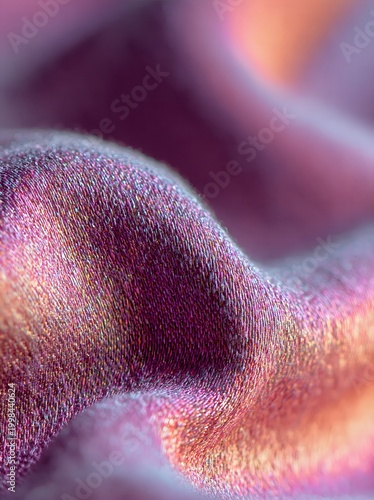 Extreme close-up macro of iridescent fabric surface displaying vibrant colors and intricate texture, showcasing a blend of purple, pink, and orange hues
