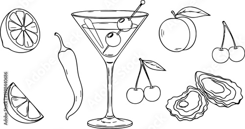 Hand drawn cocktail martini glass with olives and assorted food ingredients line art vector illustration set
