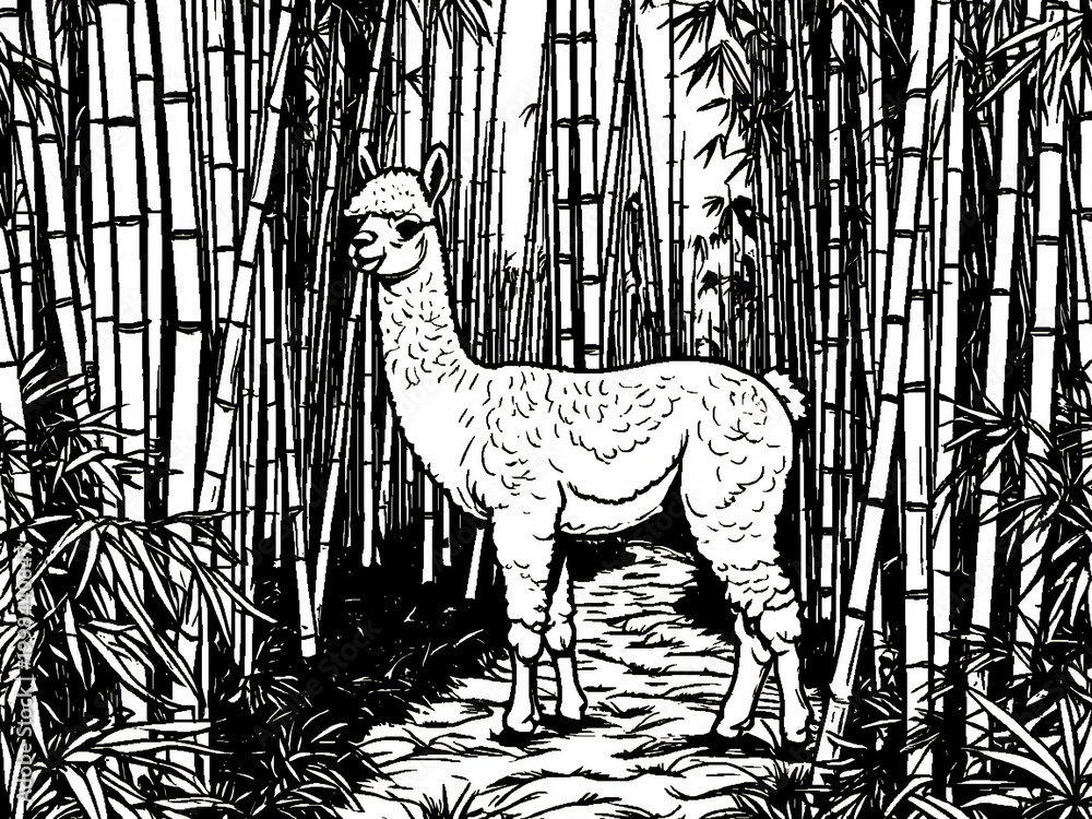 Fototapeta premium Black and white coloring book page, A alpaca acting playful in a dense bamboo forest, 