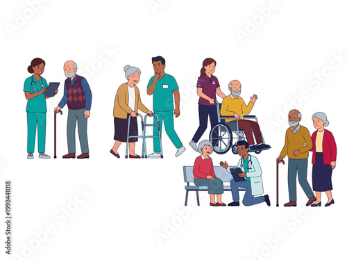 Senior Care and Elderly Healthcare Vector Illustration Set: Doctors, Nurses, and Caregivers Assisting Senior Citizens with Mobility and Medical Support