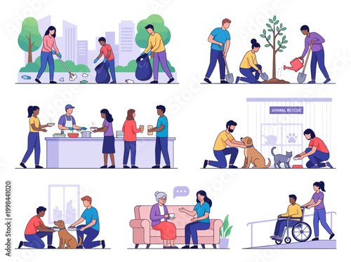 Diverse Volunteers Set for Community Support, Charity Work, and Environmental Protection Illustration