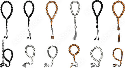 Islamic Prayer Beads Vector Set Featuring Multiple Tasbih Designs In Black White and Brown With Tassel Outlines For Muslim Worship Dhikr And Religious Graphic Designs