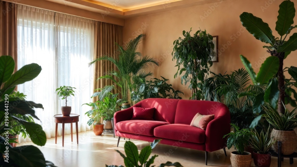 Obraz premium Red sofa rests in warm-toned living room