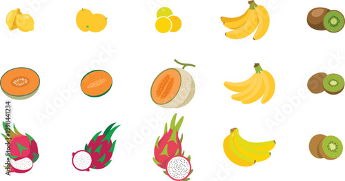 Tropical fruit icon set, banana kiwi dragon fruit melon papaya citrus collection, colorful flat healthy food design – vector illustration