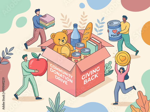 People Donating Items to a Community Donation Drive Box for Charity; Flat Vector Illustration of Food, Clothing, and Toy Donations for Social Support and Welfare