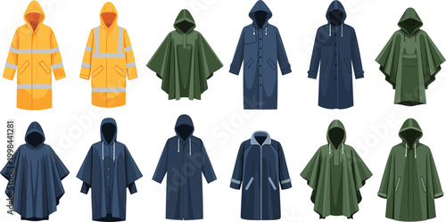 Selection of Protective Waterproof Raincoats and Hooded Rain Ponchos Featuring Reflective Safety Strips and Various Designs for Weather Protection and Outdoor Use