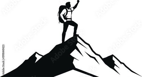Successful hiker standing on mountain peak silhouette, achievement concept, adventure travel motivation, goal accomplishment, outdoor exploration, freedom and victory pose illustration design