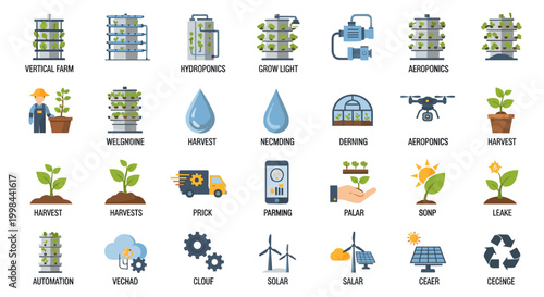 Modern vector illustration showcasing sustainable agriculture concepts, featuring hydroponics, vertical farming, solar energy integration, and smart farming technologies with