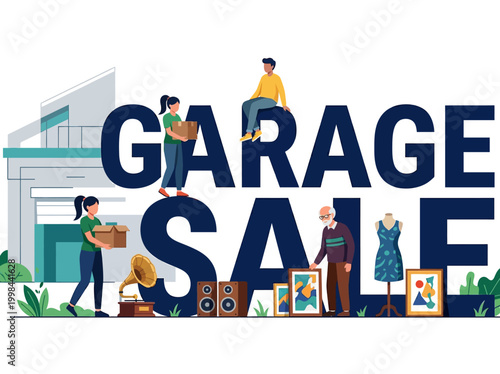 Garage Sale Concept Illustration with People Selling Second-Hand Goods and Vintage Items at a Neighborhood Yard Sale