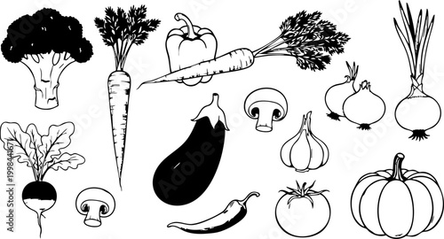 Set of fresh garden vegetables and produce icons including carrot eggplant broccoli mushroom and onion vector art
