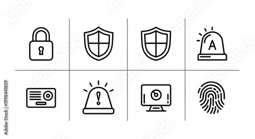 Collection of digital security icons including lock shield alarm computer and fingerprint for protection and safety concepts on white background