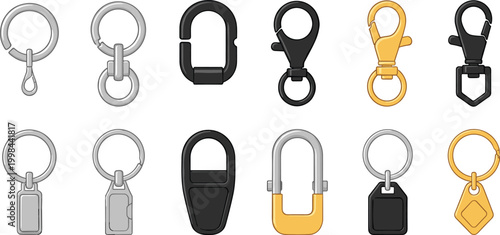 Selection of Various Metal Keyrings and Hardware Clips Including Split Rings Snap Hooks Carabiners and Swivel Clasps for Key Organization and Accessory Fastening