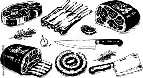 Quadro su tela Selection of premium meat cuts including steak ribs and sausages with butcher kn