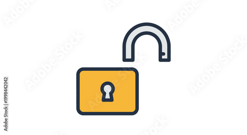 Conceptual symbol of an unlocked padlock with a yellow body and silver shackle against a clean white background representing access and security