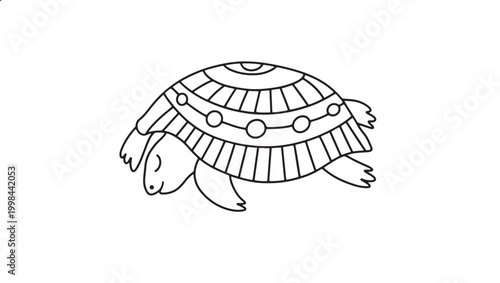 Tortoise cartoon icon with striped shell and friendly legs for kids coloring and educational design featuring turtle, animal, reptile with outline
