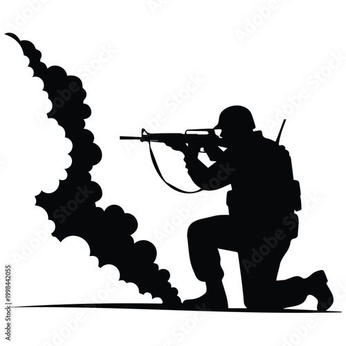Army soldier silhouette illustration kneeling and aiming rifle vector line art with smoke.