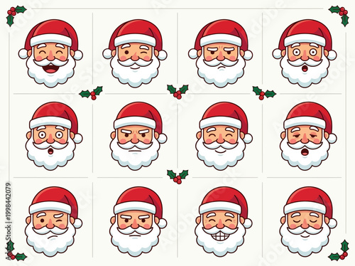 Santa Claus Facial Expressions and Emoji Icons Set. Vector Cartoon Father Christmas Character Faces with Various Emotions for Holiday Decorations and Festive Marketing.